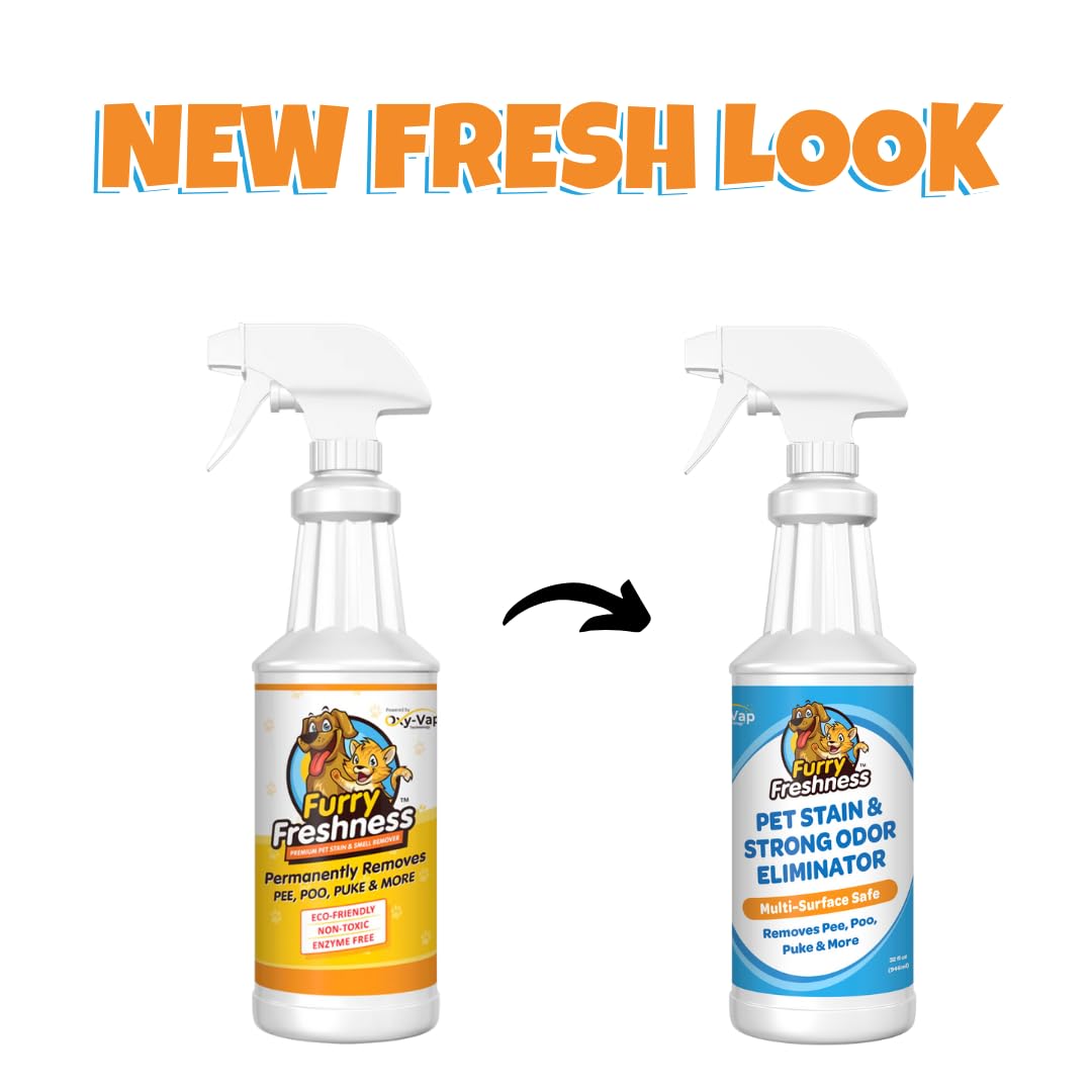 FurryFreshness Extra Strength Cat or Dog Pee Stain & Permanent Odor Remover + Smell Eliminator -Removes Stains from Pets & Kids Including Urine or Blood- Lifts Old Carpet Stains- 32oz Spray