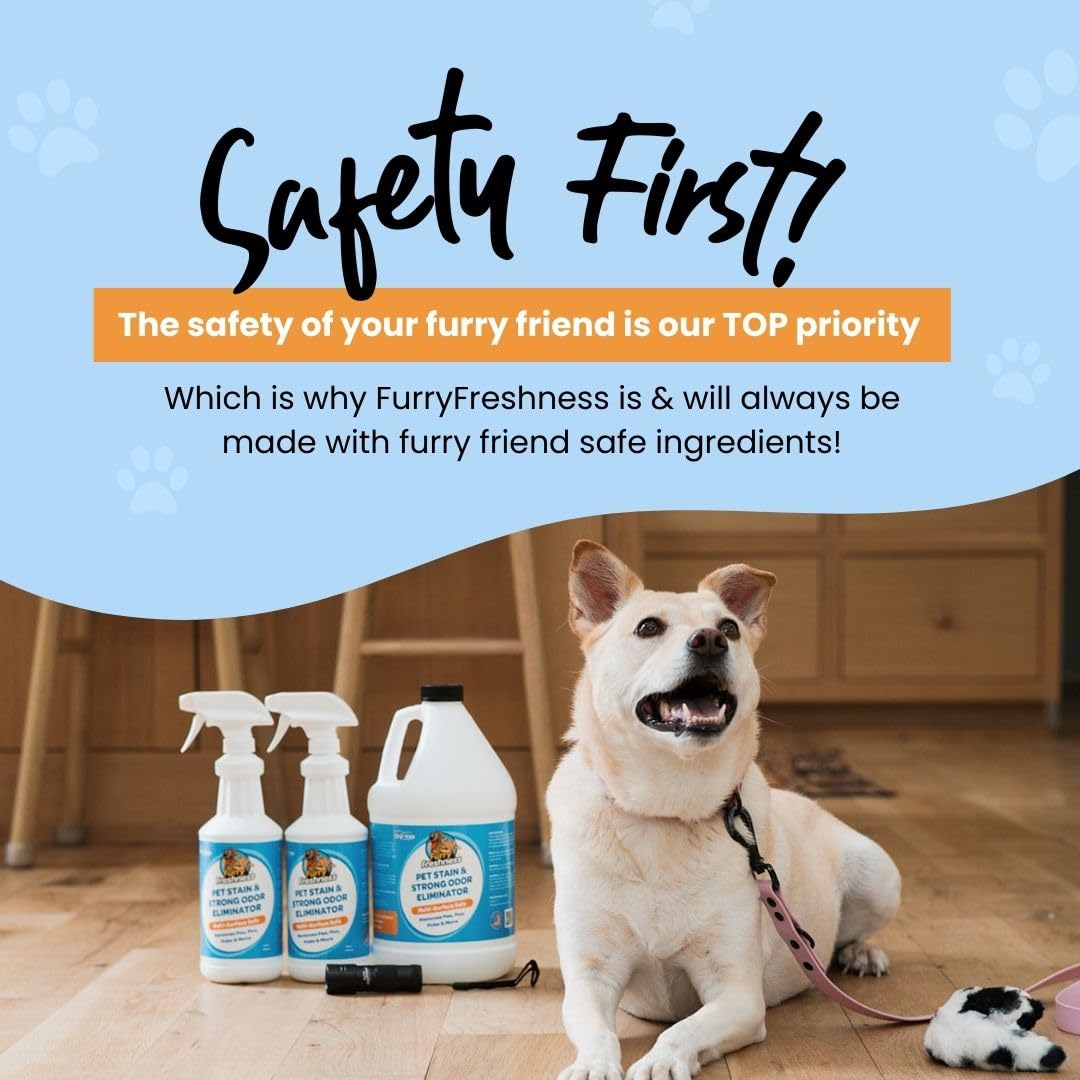 FurryFreshness Extra Strength Cat or Dog Pee Stain & Permanent Odor Remover + Smell Eliminator -Removes Stains from Pets & Kids Including Urine or Blood- Lifts Old Carpet Stains- (Gallon)