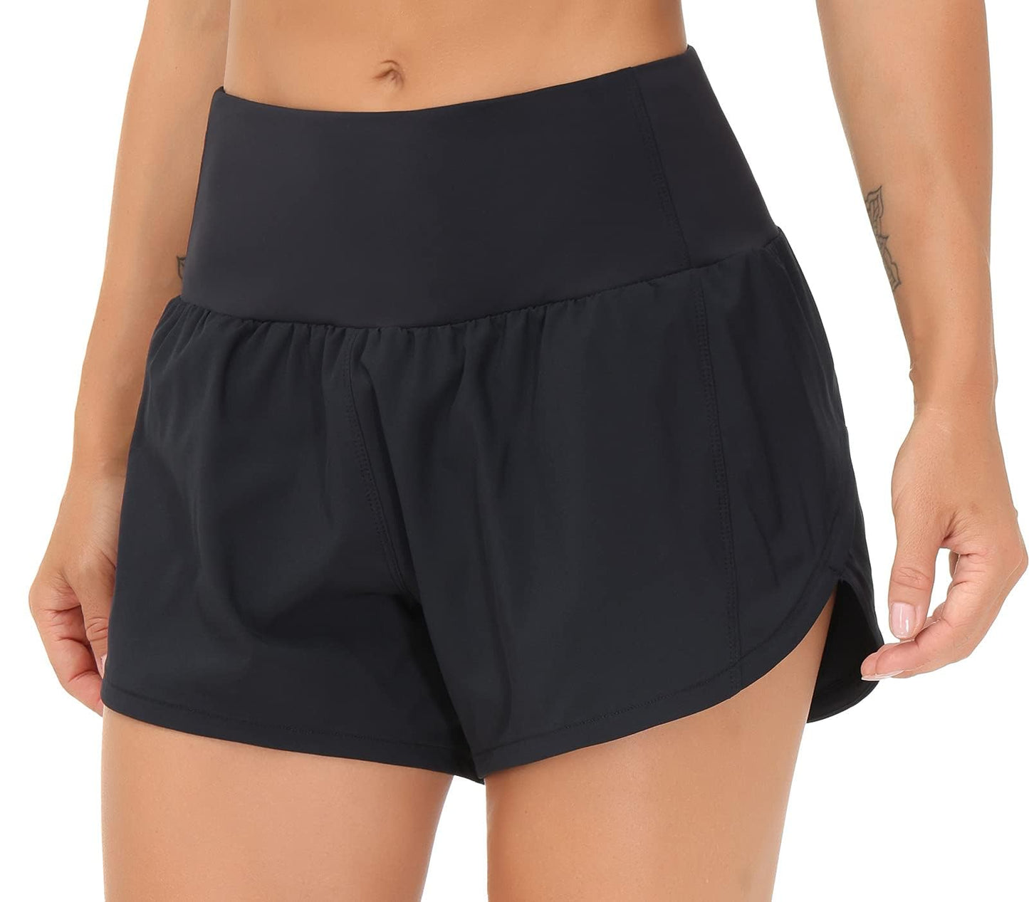 THE GYM PEOPLE Womens High Waisted Running Shorts Quick Dry Athletic Workout Shorts with Mesh Liner Zipper Pockets (Black, Medium)