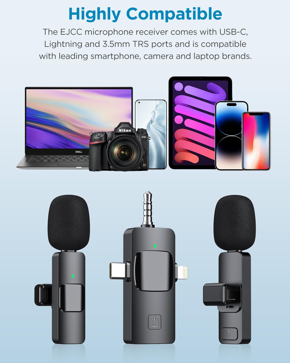 EJCC 3 in 1 Wireless Microphone for iPhone, Camera, Android, iPad, Mini Microphone, USB C Microphone, iPhone Mic, 2.4G Ultra-Low Delay, Microphone for Video Recording/Vlog/TikTok/YouTube/Interview