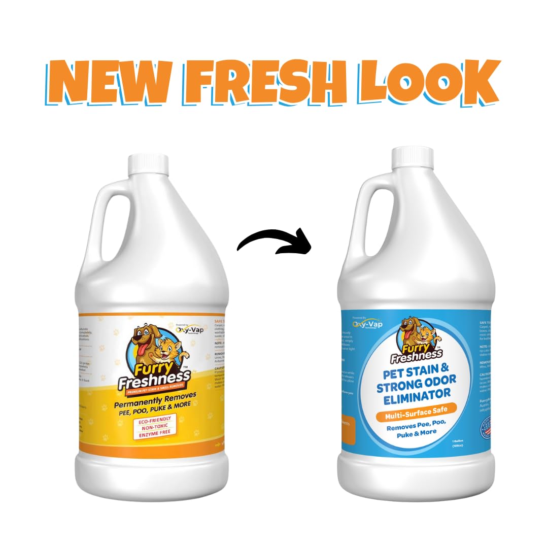 FurryFreshness Extra Strength Cat or Dog Pee Stain & Permanent Odor Remover + Smell Eliminator -Removes Stains from Pets & Kids Including Urine or Blood- Lifts Old Carpet Stains- (Gallon)