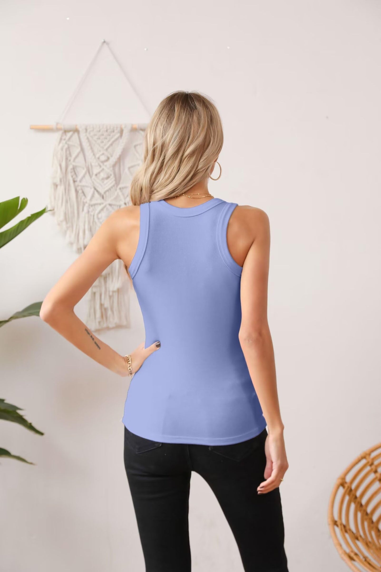 VICHYIE Summer Sleeveless Basic Tank Tops for Women Cami Top Shirt Ribbed Racerback Blouses Blue Small