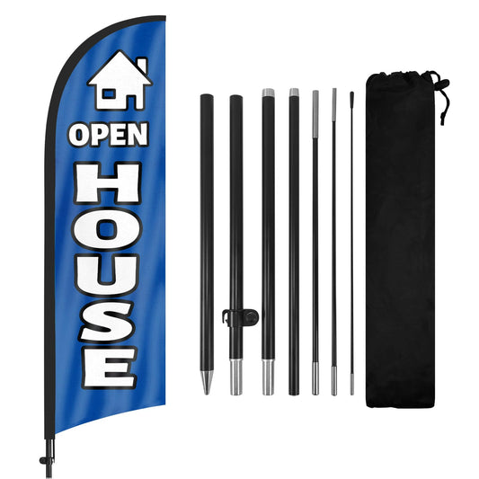 Open House Flags for Real Estate Agents, Open House Flag with Pole Kit and Ground stake, Open House Signs for Real Estate, 8Ft Open House Flag Sign Banner for Outside (Blue)