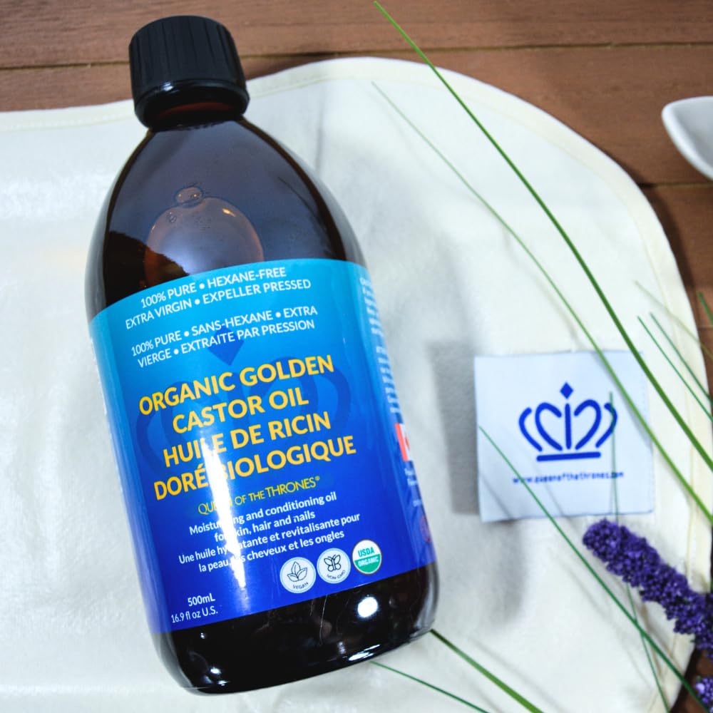 QUEEN OF THE THRONES Organic Golden Castor Oil - 500mL (16.9oz) | 100% Pure & Expeller-Pressed for Hair, Skin & Digestion | Hexane Free | USDA Certified