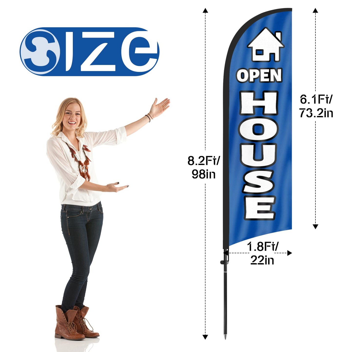 Open House Flags for Real Estate Agents, Open House Flag with Pole Kit and Ground stake, Open House Signs for Real Estate, 8Ft Open House Flag Sign Banner for Outside (Blue)