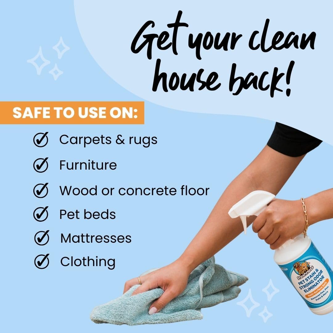 FurryFreshness Extra Strength Cat or Dog Pee Stain & Permanent Odor Remover + Smell Eliminator -Removes Stains from Pets & Kids Including Urine or Blood- Lifts Old Carpet Stains- (Gallon)