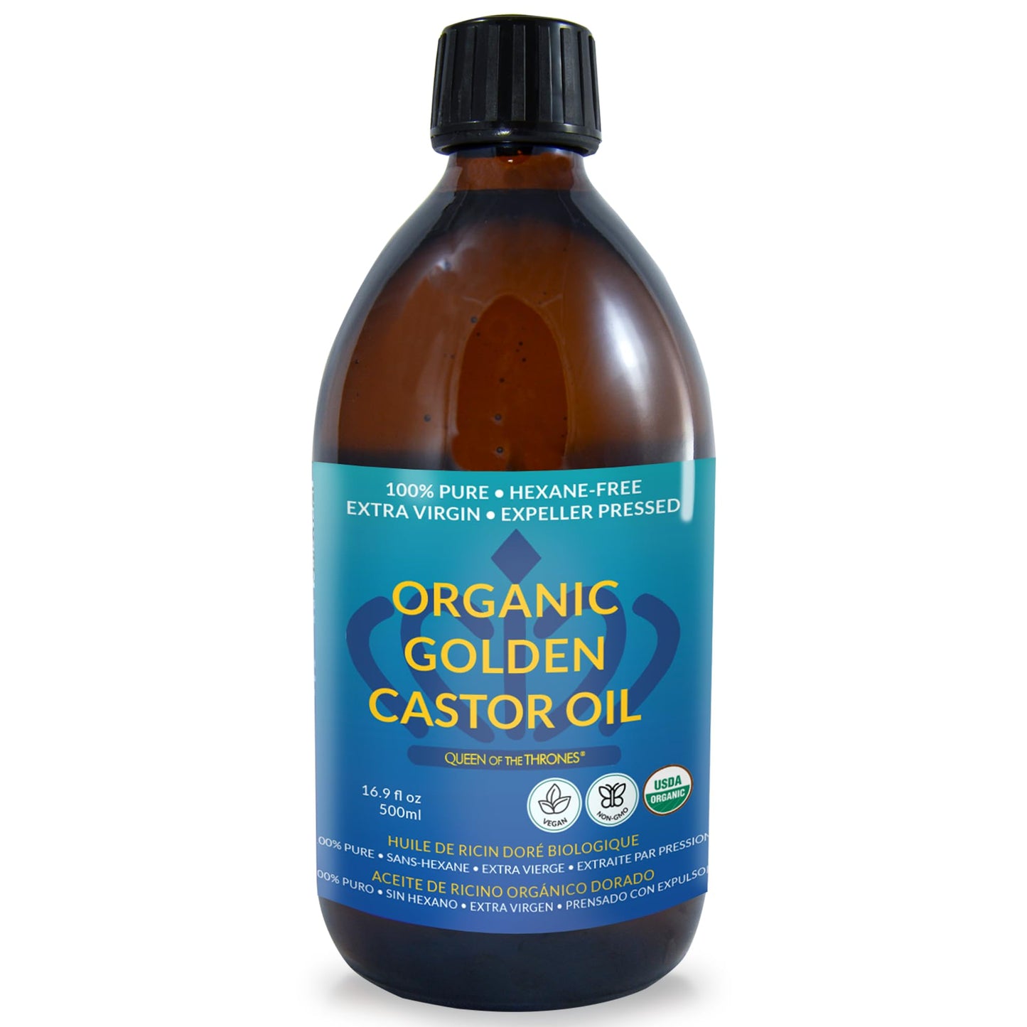 QUEEN OF THE THRONES Organic Golden Castor Oil - 500mL (16.9oz) | 100% Pure & Expeller-Pressed for Hair, Skin & Digestion | Hexane Free | USDA Certified