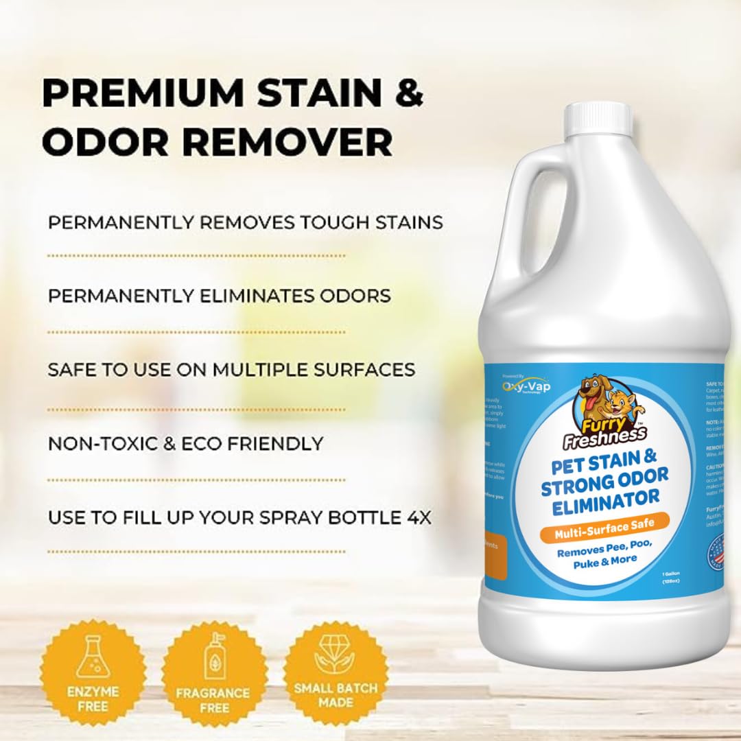 FurryFreshness Extra Strength Cat or Dog Pee Stain & Permanent Odor Remover + Smell Eliminator -Removes Stains from Pets & Kids Including Urine or Blood- Lifts Old Carpet Stains- (Gallon)