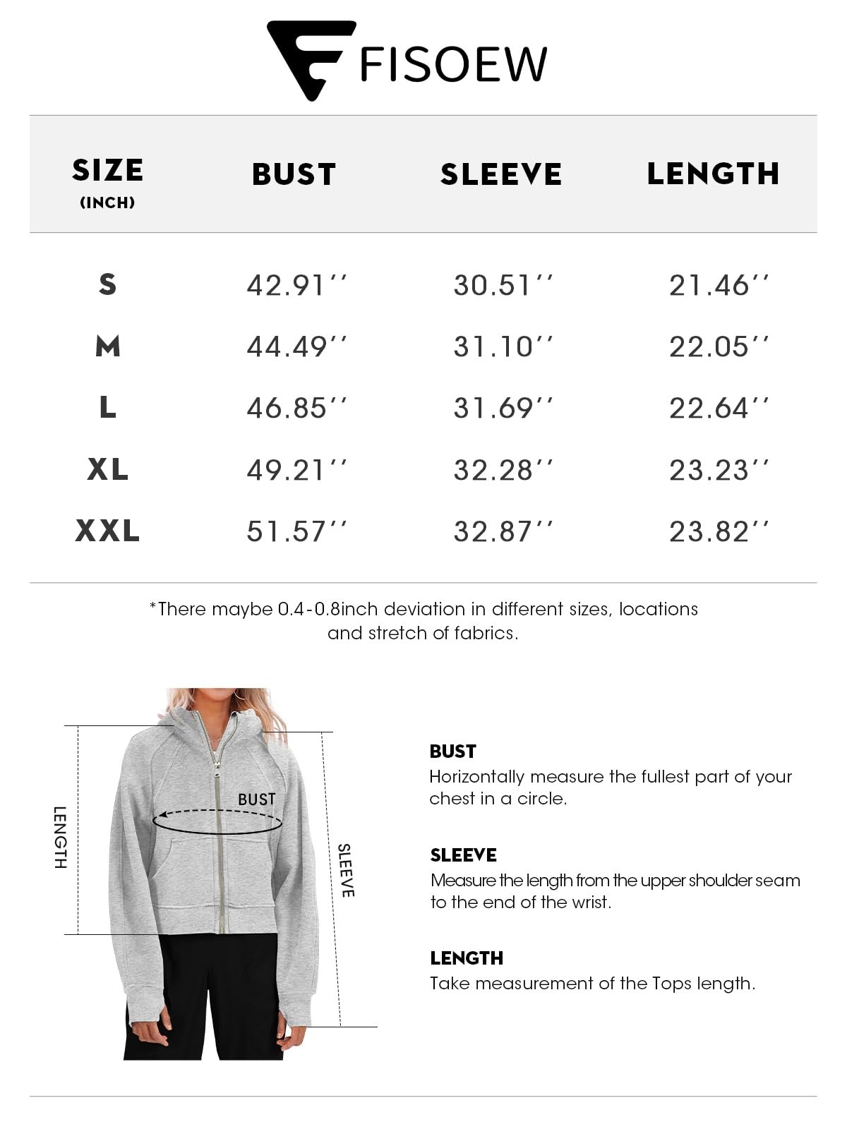 Fisoew Womens Zip Up Sweatshirts Fleece Lined Collar Crop Hoodie Casual Cotton Long Sleeve Tops with Thumb Hole