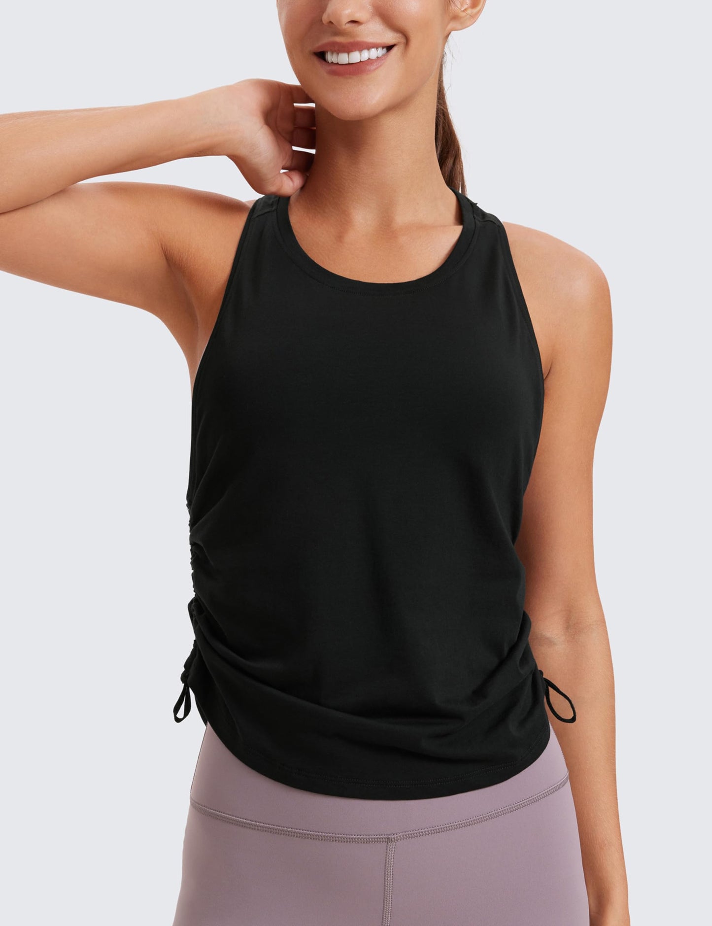 CRZ YOGA Pima Cotton Women Racerback Sleeveless Workout Tops High Neck Ruched Side Tank Top Athletic Casual Loose Shirts Black Small