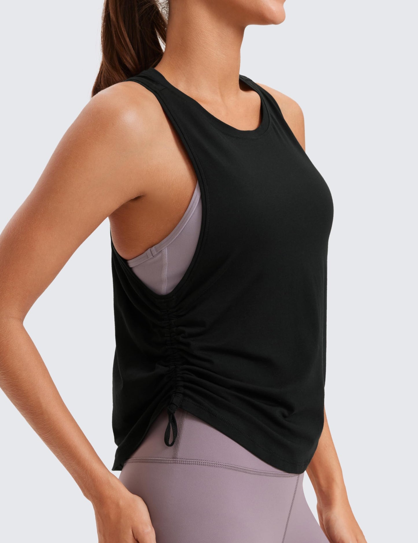 CRZ YOGA Pima Cotton Women Racerback Sleeveless Workout Tops High Neck Ruched Side Tank Top Athletic Casual Loose Shirts Black Small