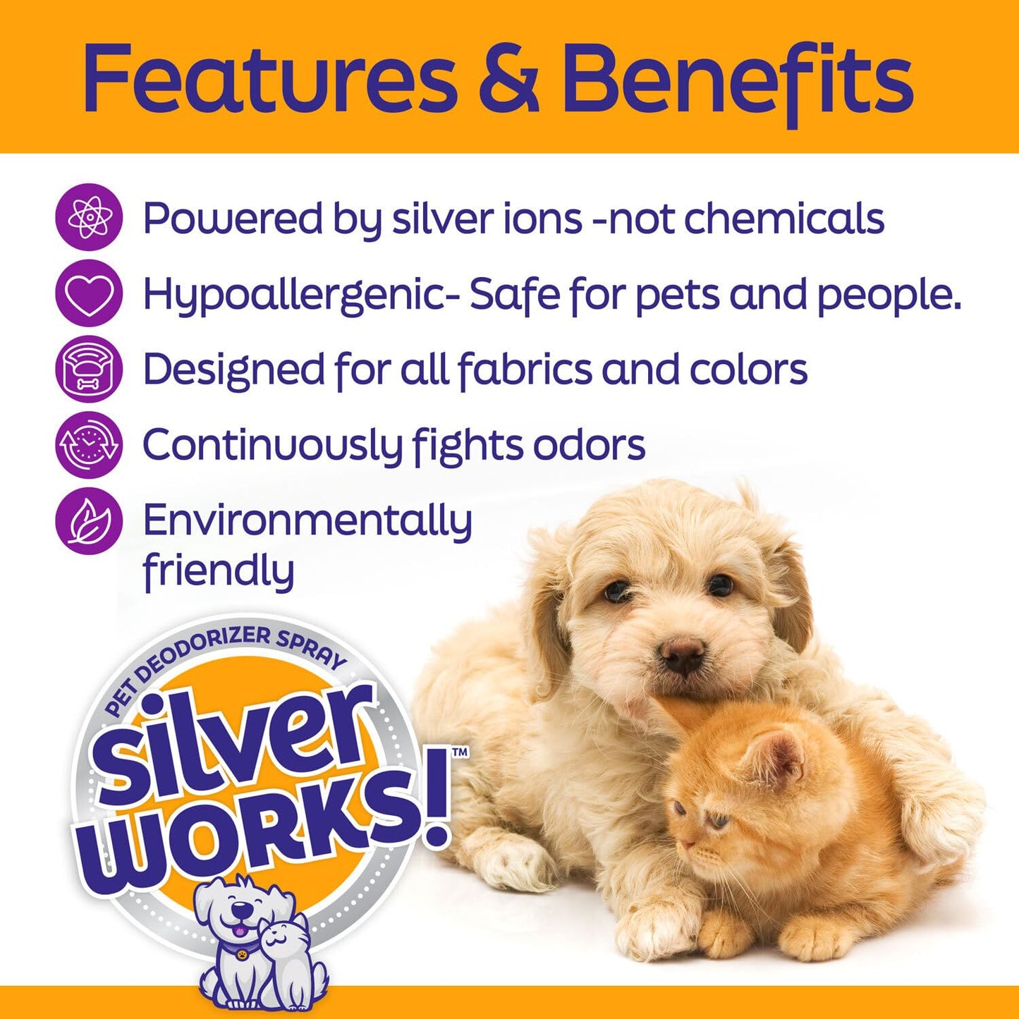 SilverWorks! Pet Odor Eliminator Spray For Home - Safe, Natural, Silver Ion Deodorizer - Cat, Dog Smell And Urine Odor Eliminator For Carpet, Furniture And Litter -16.9oz