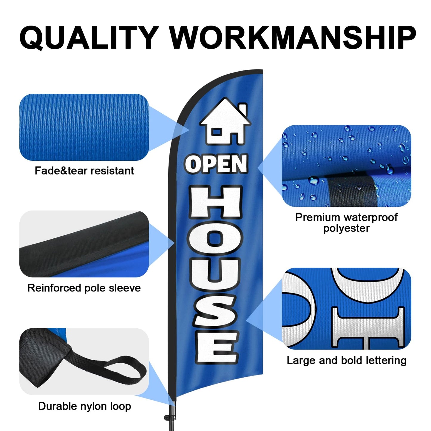 Open House Flags for Real Estate Agents, Open House Flag with Pole Kit and Ground stake, Open House Signs for Real Estate, 8Ft Open House Flag Sign Banner for Outside (Blue)