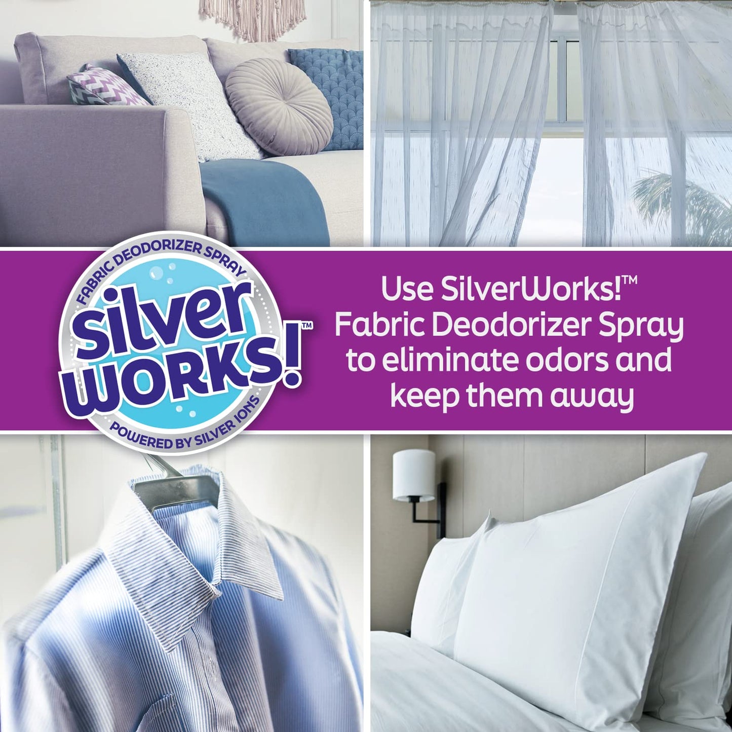 SilverWorks! Fabric Spray Odor Eliminator For Home - Powerful, Natural Silver Ion Deodorizing Technology - Clothes, Furniture And Couch Deodorizer Odor Eliminator And Refresher Spray -16.9oz