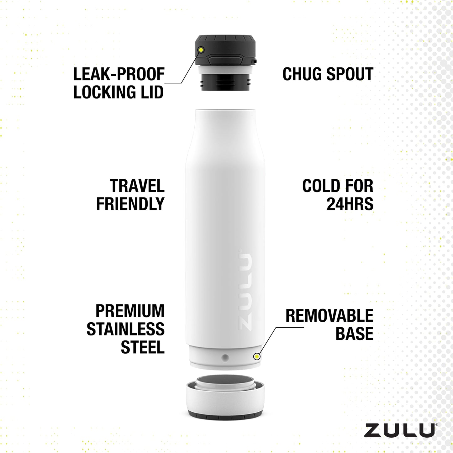 Zulu Ace 24oz Vacuum Insulated Stainless Steel Water Bottle with Chug Spout | Leak-Proof Locking Lid and Removable Base |Reusable Bottle for Cycling Sports Gym Travel Bicycle Bottle Cage | White