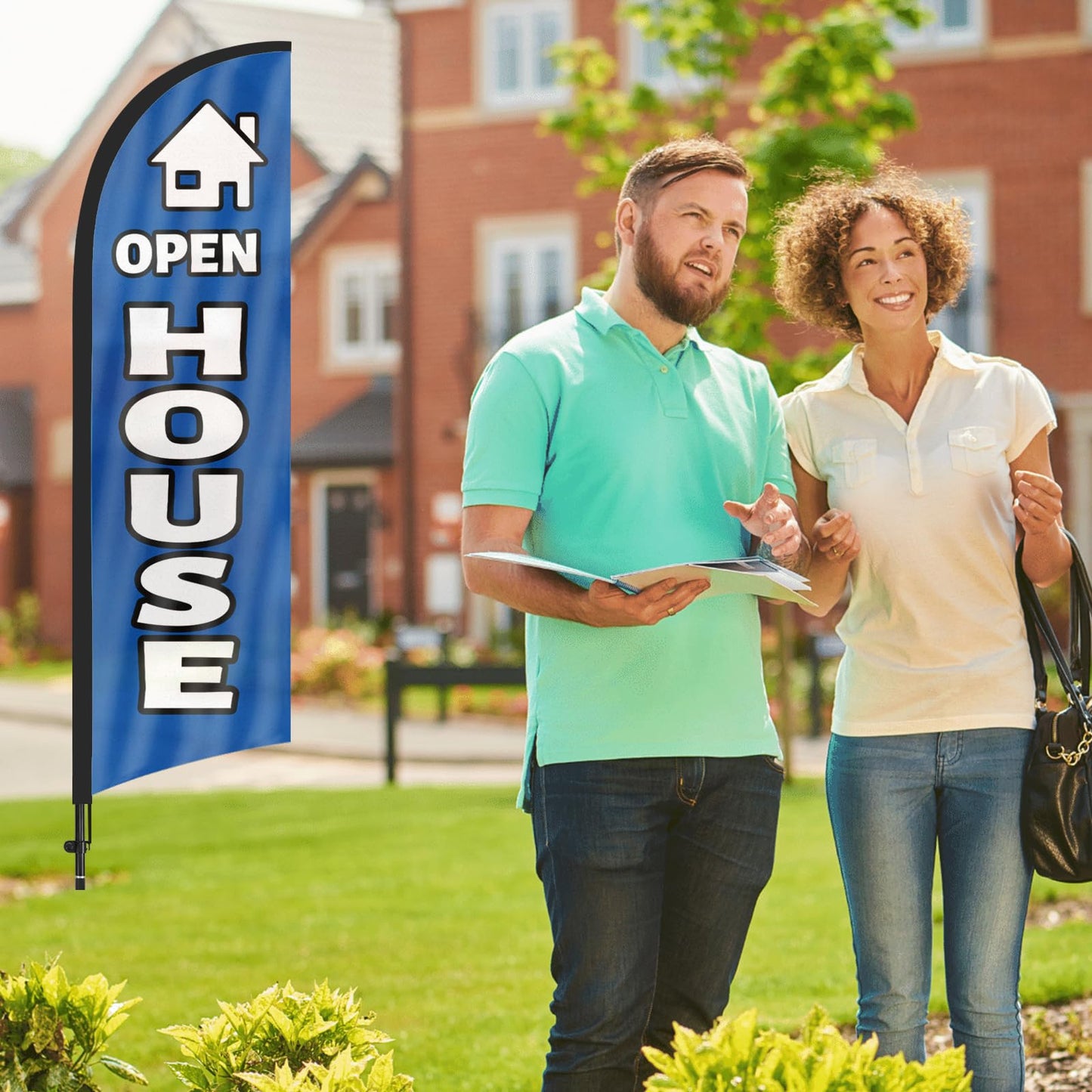 Open House Flags for Real Estate Agents, Open House Flag with Pole Kit and Ground stake, Open House Signs for Real Estate, 8Ft Open House Flag Sign Banner for Outside (Blue)