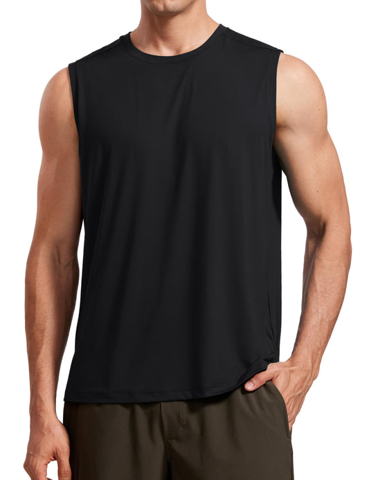 CRZ YOGA Men's Workout Sleeveless Shirt Quick Dry Stretchy Swim Shirts Athletic Gym Running Beach Tank Top Black Large