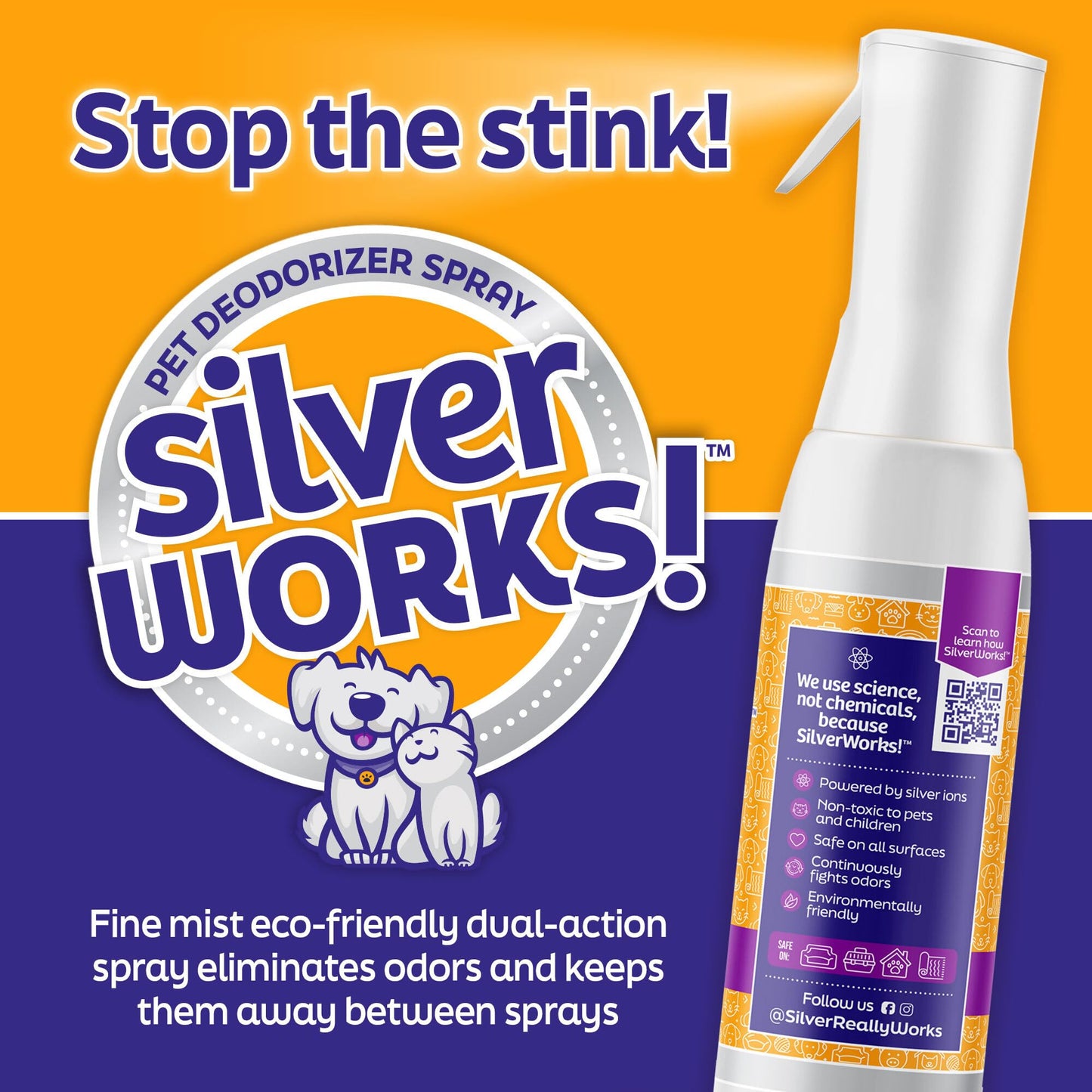 SilverWorks! Pet Odor Eliminator Spray For Home - Safe, Natural, Silver Ion Deodorizer - Cat, Dog Smell And Urine Odor Eliminator For Carpet, Furniture And Litter -16.9oz