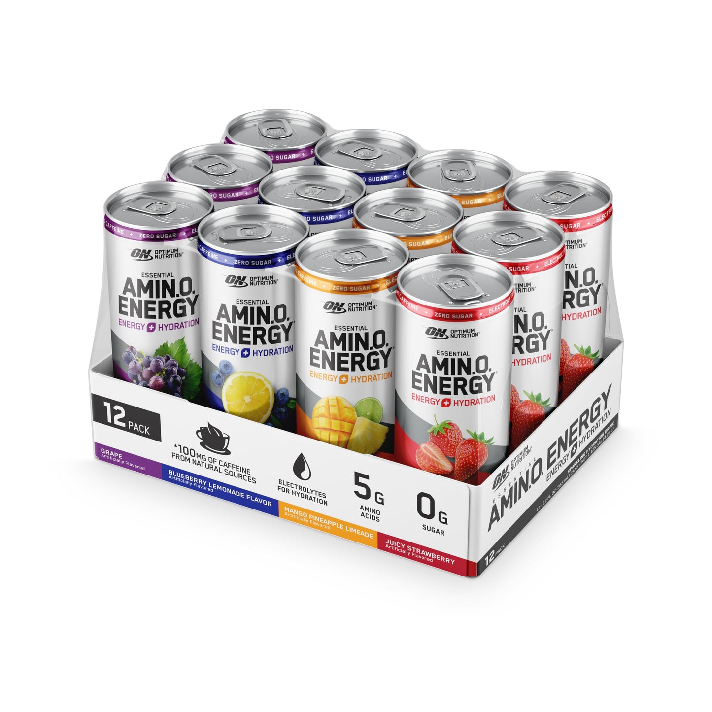 Optimum Nutrition Amino Energy Sparkling Hydration Drink, Electrolytes, Caffeine, Amino Acids, BCAAs, Sugar Free, 12 Fl Oz, Variety Pack of 12 (Packaging May Vary)