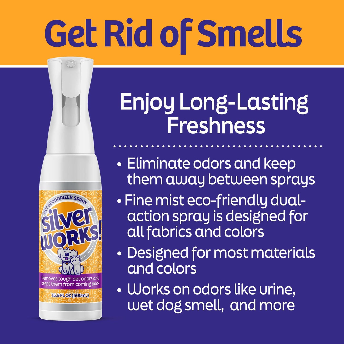 SilverWorks! Pet Odor Eliminator Spray For Home - Safe, Natural, Silver Ion Deodorizer - Cat, Dog Smell And Urine Odor Eliminator For Carpet, Furniture And Litter -16.9oz