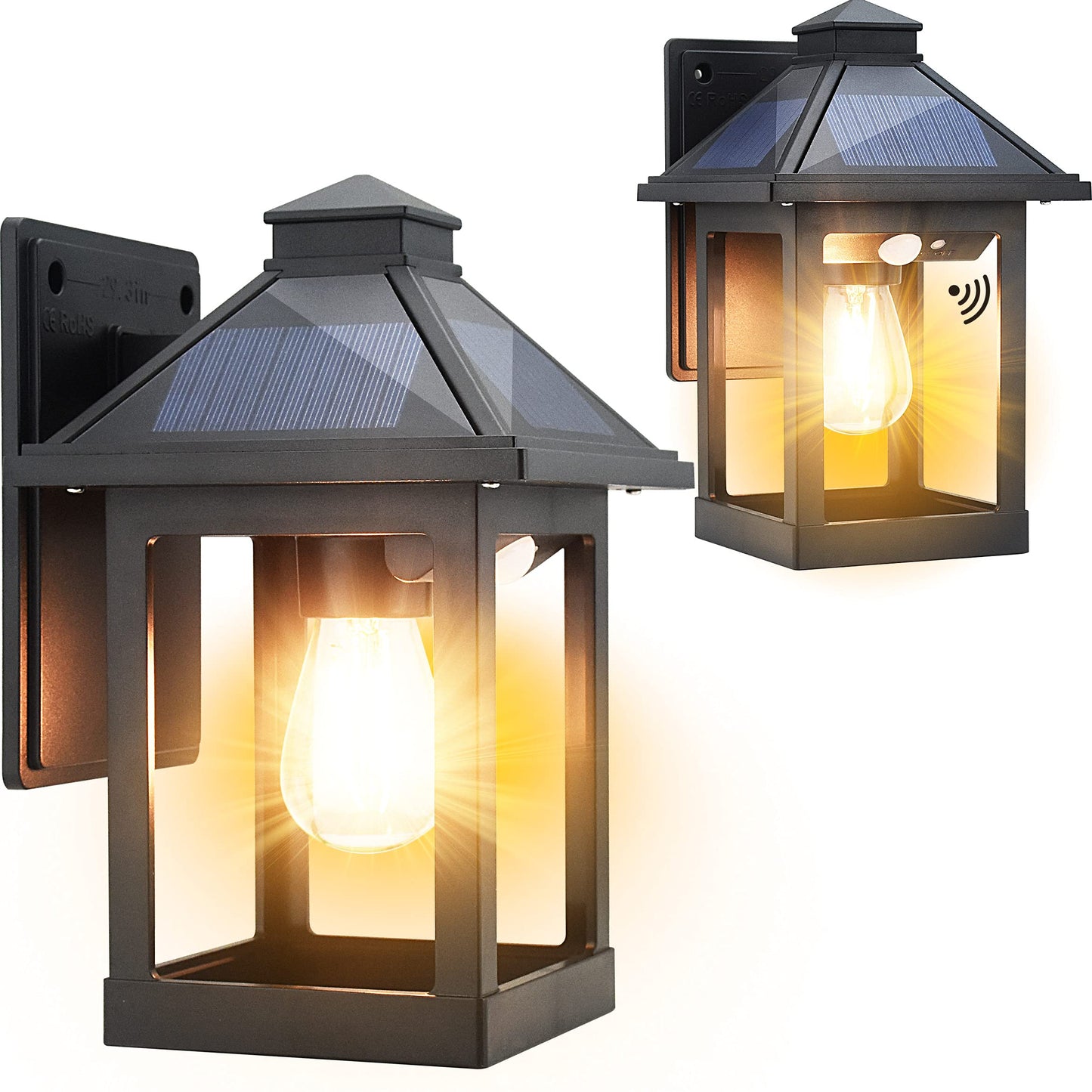 CYHKEE 2 Pack Solar Wall Lanterns Outdoor with 3 Modes, Dusk to Dawn Motion Sensor LED Sconce Lights IP65 Waterproof, Exterior Front Porch Security Lamps Wall Mount Patio Fence Garage Decorative