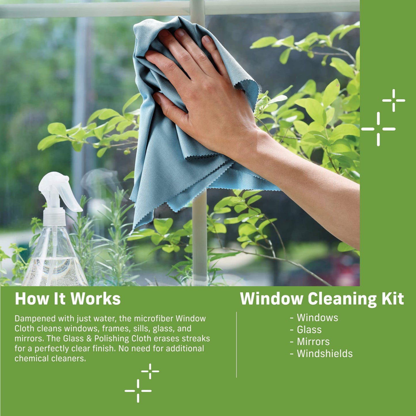 E-Cloth Window Cleaner Kit - Window and Glass Cleaning Cloth, Streak-Free Windows with just Water, Microfiber Towel Cleaning Kit for Windows, Car Windshield, Mirrors - Winter Green