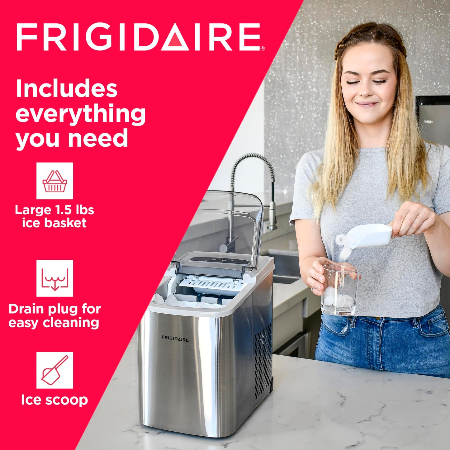 Frigidaire Countertop Ice Maker, Compact Machine, 26 lbs per day, Stainless