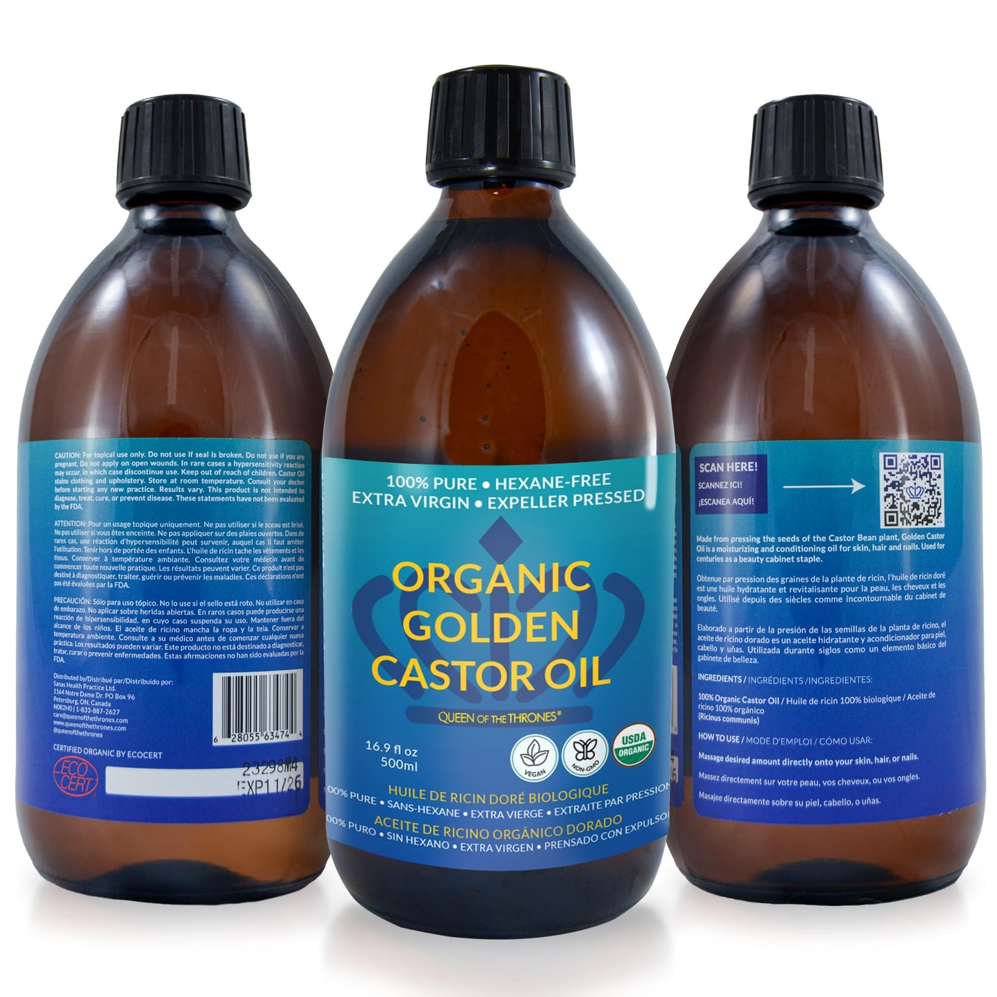 QUEEN OF THE THRONES Organic Golden Castor Oil - 500mL (16.9oz) | 100% Pure & Expeller-Pressed for Hair, Skin & Digestion | Hexane Free | USDA Certified