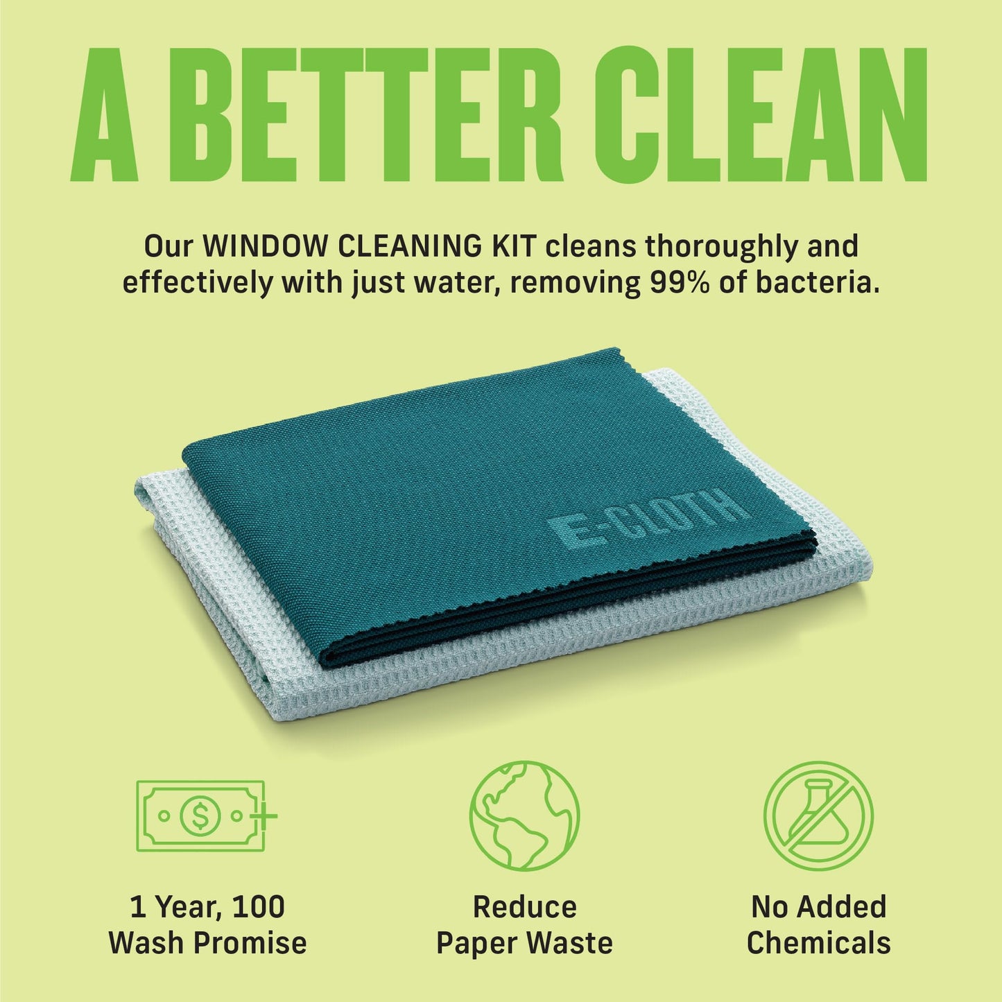 E-Cloth Window Cleaner Kit - Window and Glass Cleaning Cloth, Streak-Free Windows with just Water, Microfiber Towel Cleaning Kit for Windows, Car Windshield, Mirrors - Winter Green