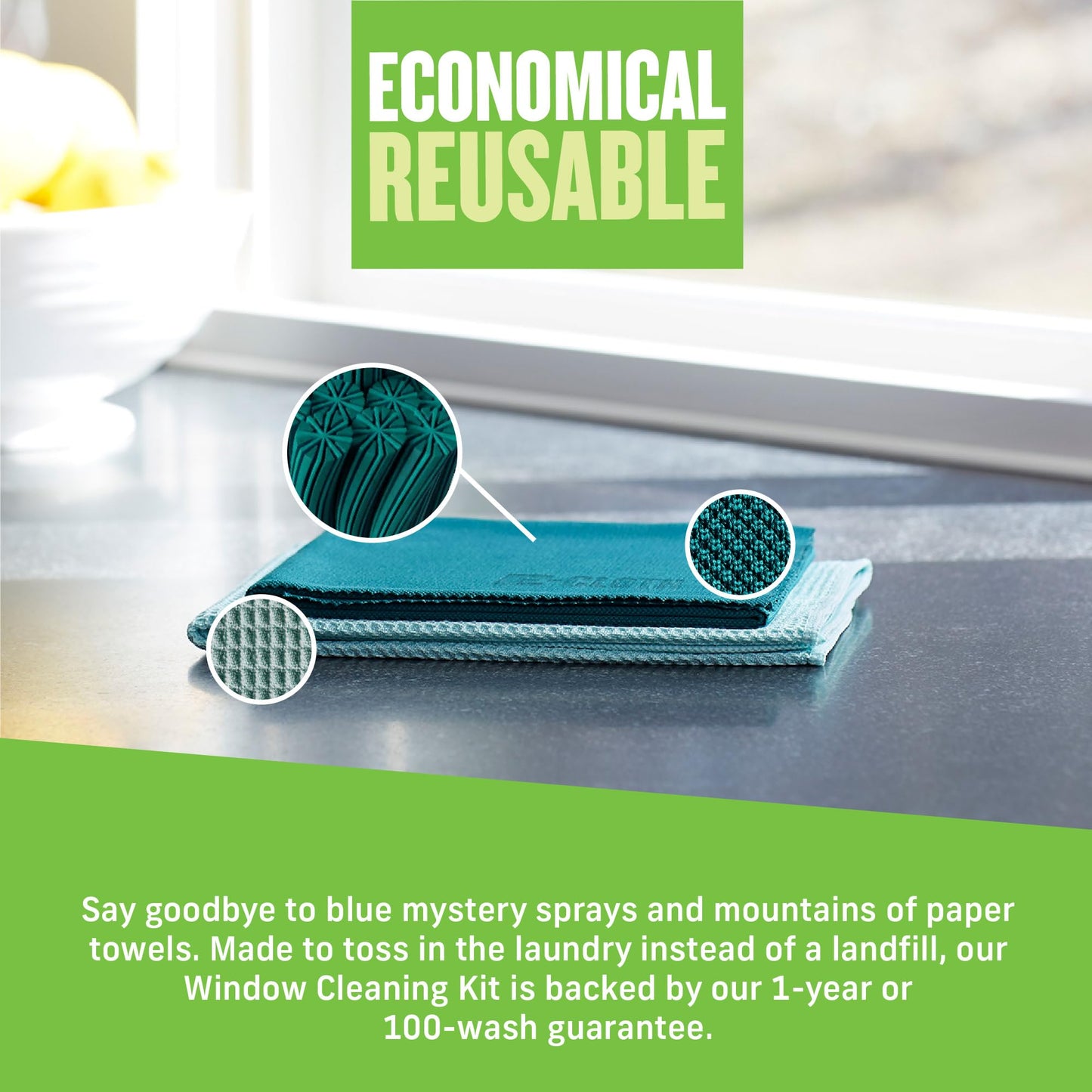 E-Cloth Window Cleaner Kit - Window and Glass Cleaning Cloth, Streak-Free Windows with just Water, Microfiber Towel Cleaning Kit for Windows, Car Windshield, Mirrors - Winter Green